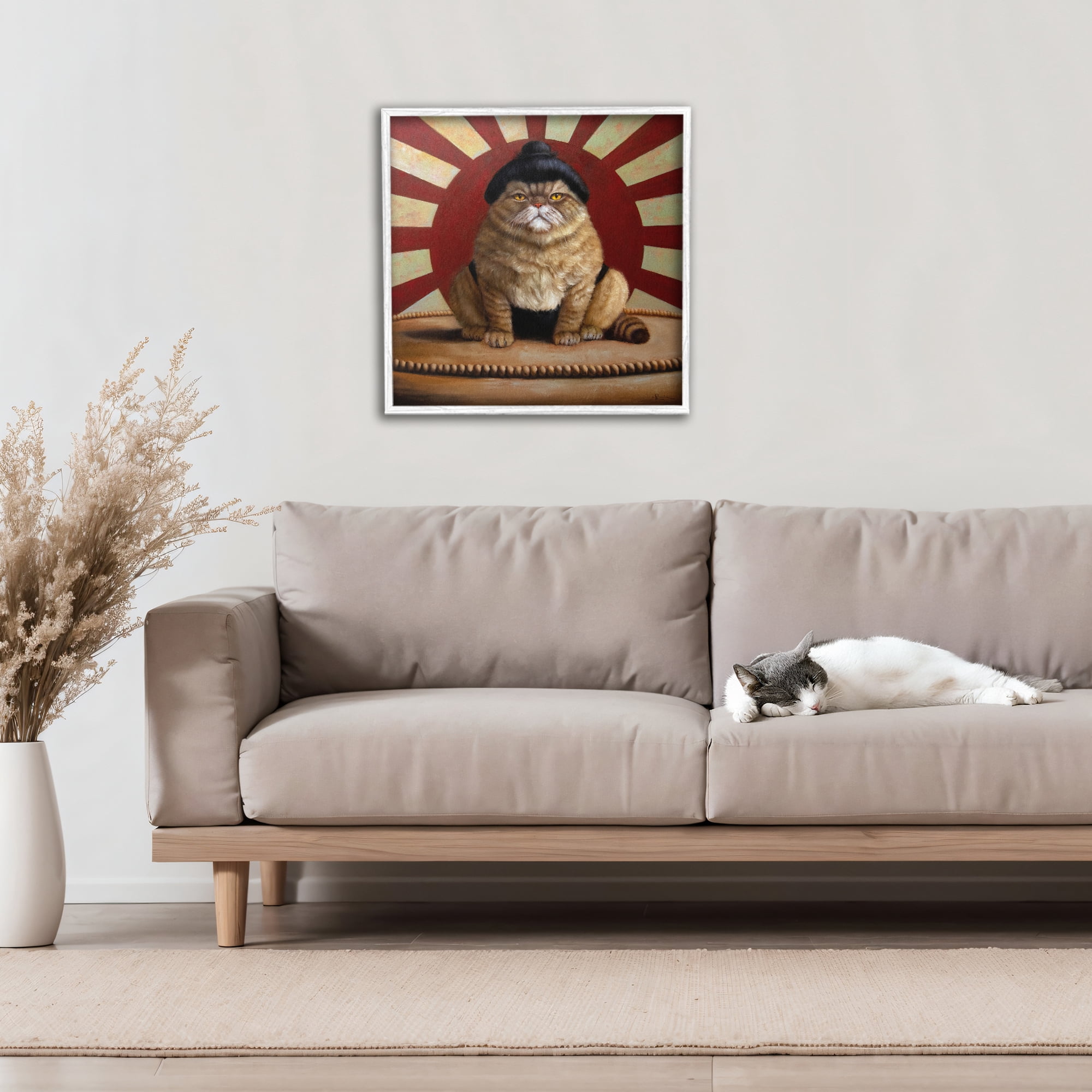 Stupell Industries Sumo Cat with Sun Rays White Framed Giclee Art, design by Lucia Heffernan