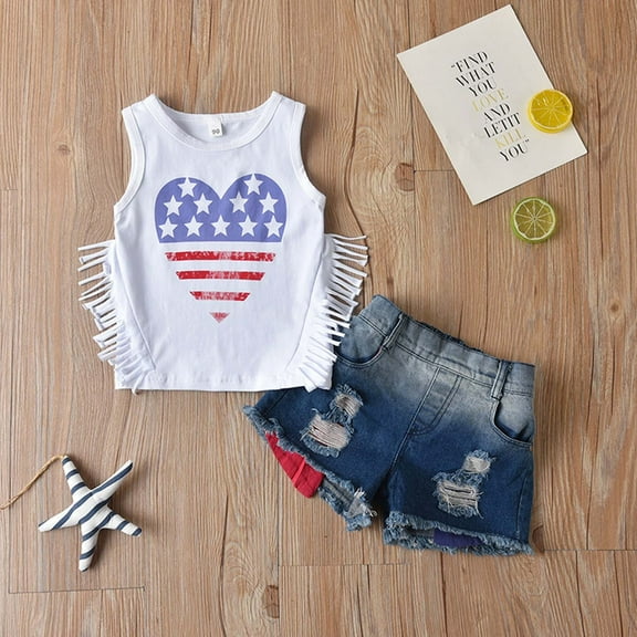 Nrmvnmi Toddler Baby Girls 4th of July Outfits Set Sleeveless Tassels Cotton Vest Tops Ripped Denim Shorts Summer Clothes For 1-5 Years