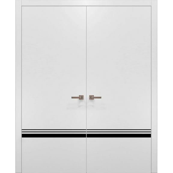 Solid French Double Doors 36 x 80 inches | Planum 0012 White Silk with Frosted Glass | Wood Solid Panel Frame Trims | Closet Bedroom Sturdy Doors