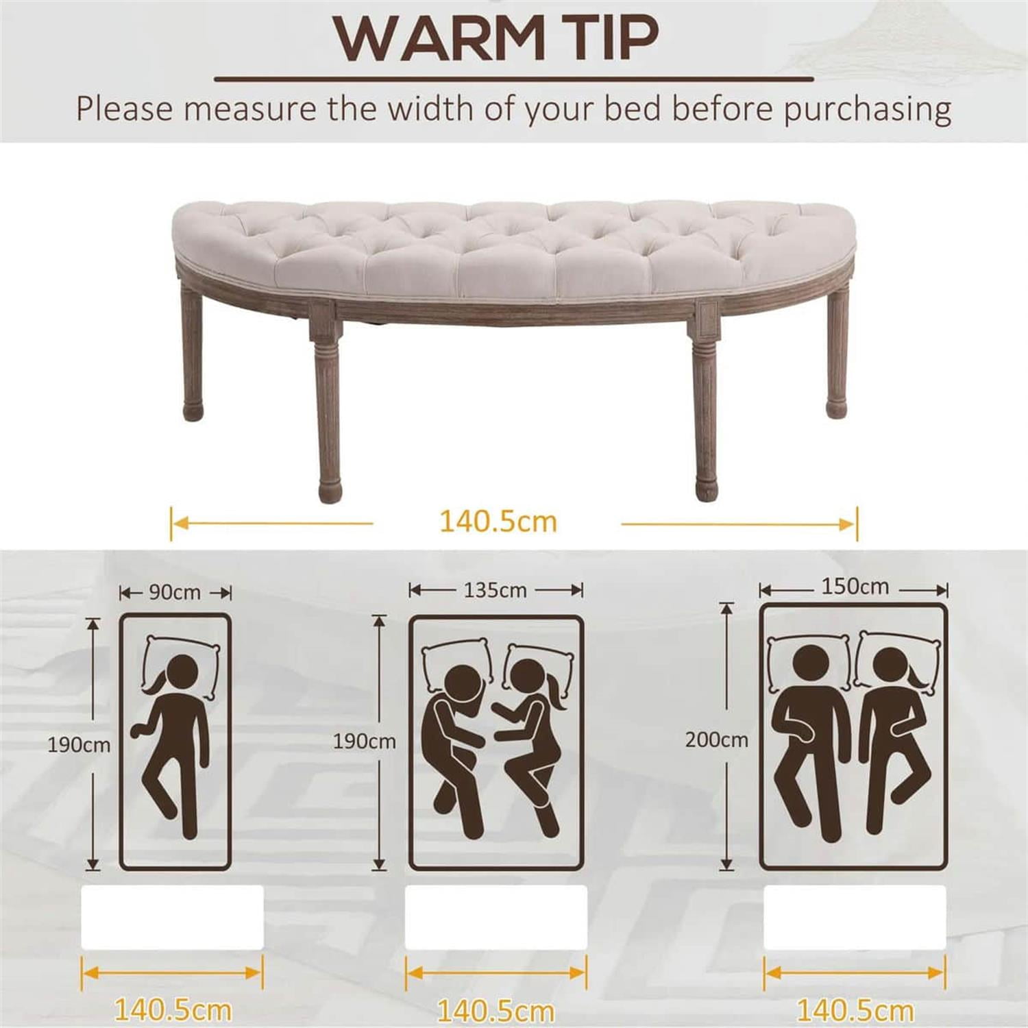 Demi Bonn 56" Upholstered Semi-Circle Bed Bench with Tufted Design, Rubberwood Legs, Bedroom Entryway Bench for Living Room, Home Decor, White