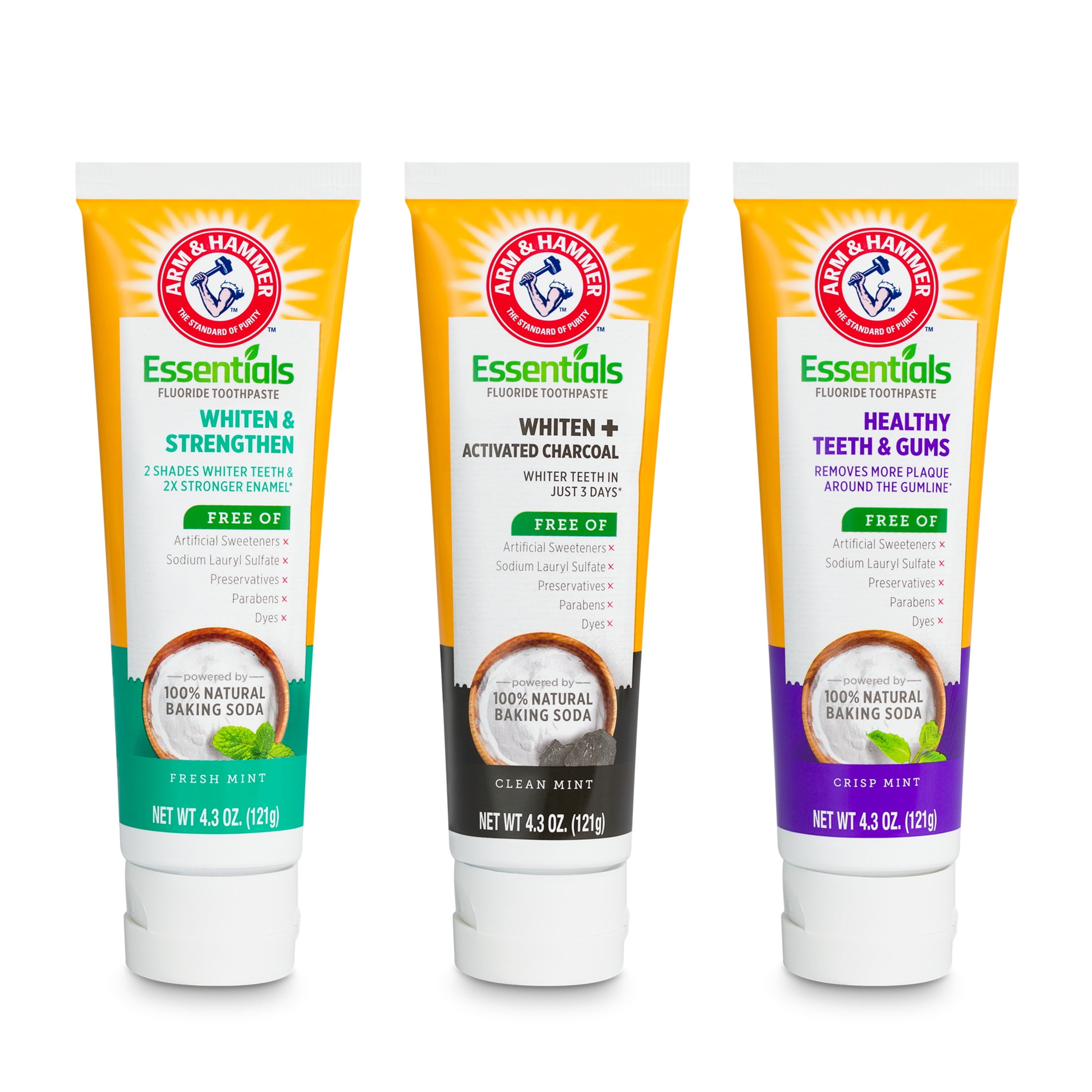 (2 pack) ARM & HAMMER Essentials Fluoride-Free Toothpaste Whiten + Activated Charcoal-One  4.3oz Tube, Clean Mint- 100% Natural Baking Soda