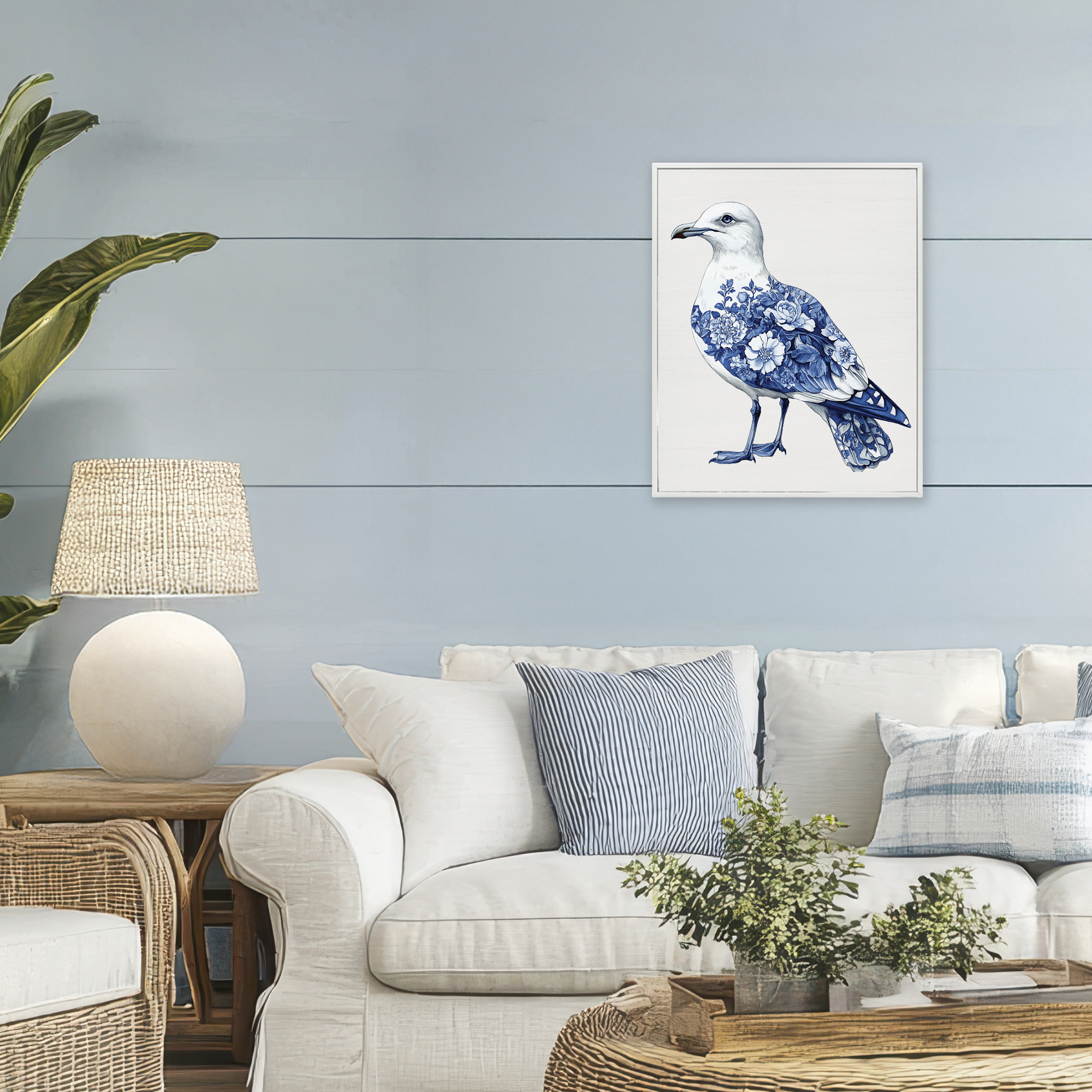 Funky Toile Seagull White Framed Giclee Art, design by Lettered and Lined