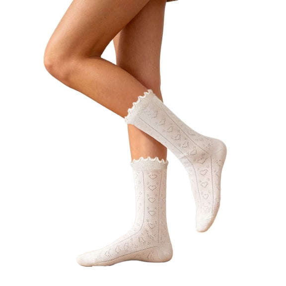 Yuanlong Women's Socks Mid-Calf Hollow Out Mesh Ruffle Socks Solid Color Leisure Activities Hosiery