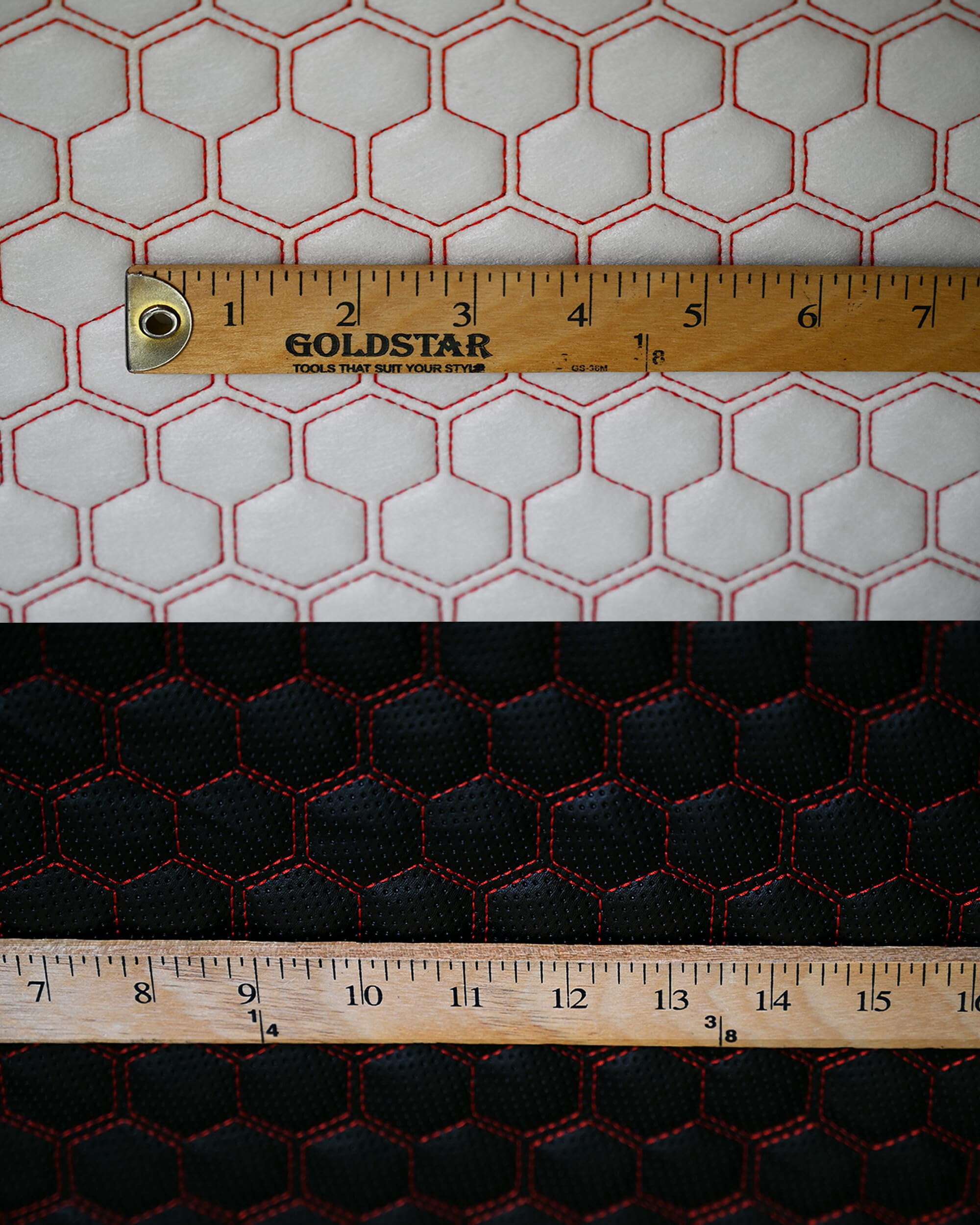 Quilted Vinyl Padded Upholstery Fabric w 3/8" Foam Backing Perforated 1" Honeycomb /58" Wide /Continuous Yard/ seat reupholstering, office chairs, table covers, backdrops, bags (Black, Red Stitch)