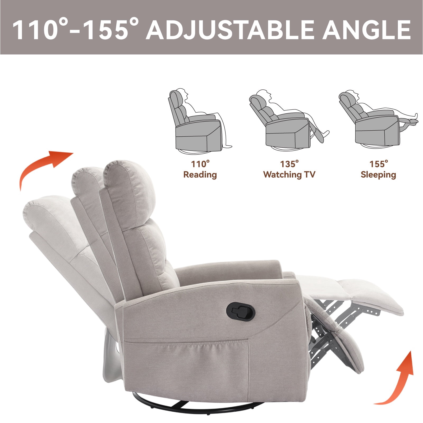 360°Swivel Rocker Recliner, PAPROOS Small Rocking Recliner Chair, Home Theater Recliner with 2 Side Pockets, Nursery Glider Recliner, Manual Recliner for Adults for Living Room,   Light Gray