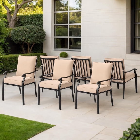 6 Pieces Patio Dining Chairs, Outdoor Metal Chairs with Armrests & Cushion, Metal Frame Stackable Patio Dining Chairs, Wrought Iron Outdoor Chairs for Garden, Balcony, Deck (6 Pieces)