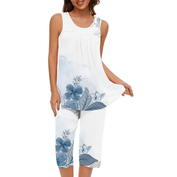 Tnhcen Affordable Women's Pajama Set Printed Sleeveless Crew Neck Top & Capri Pants Breathable & Stretchy S-2XL Sizes