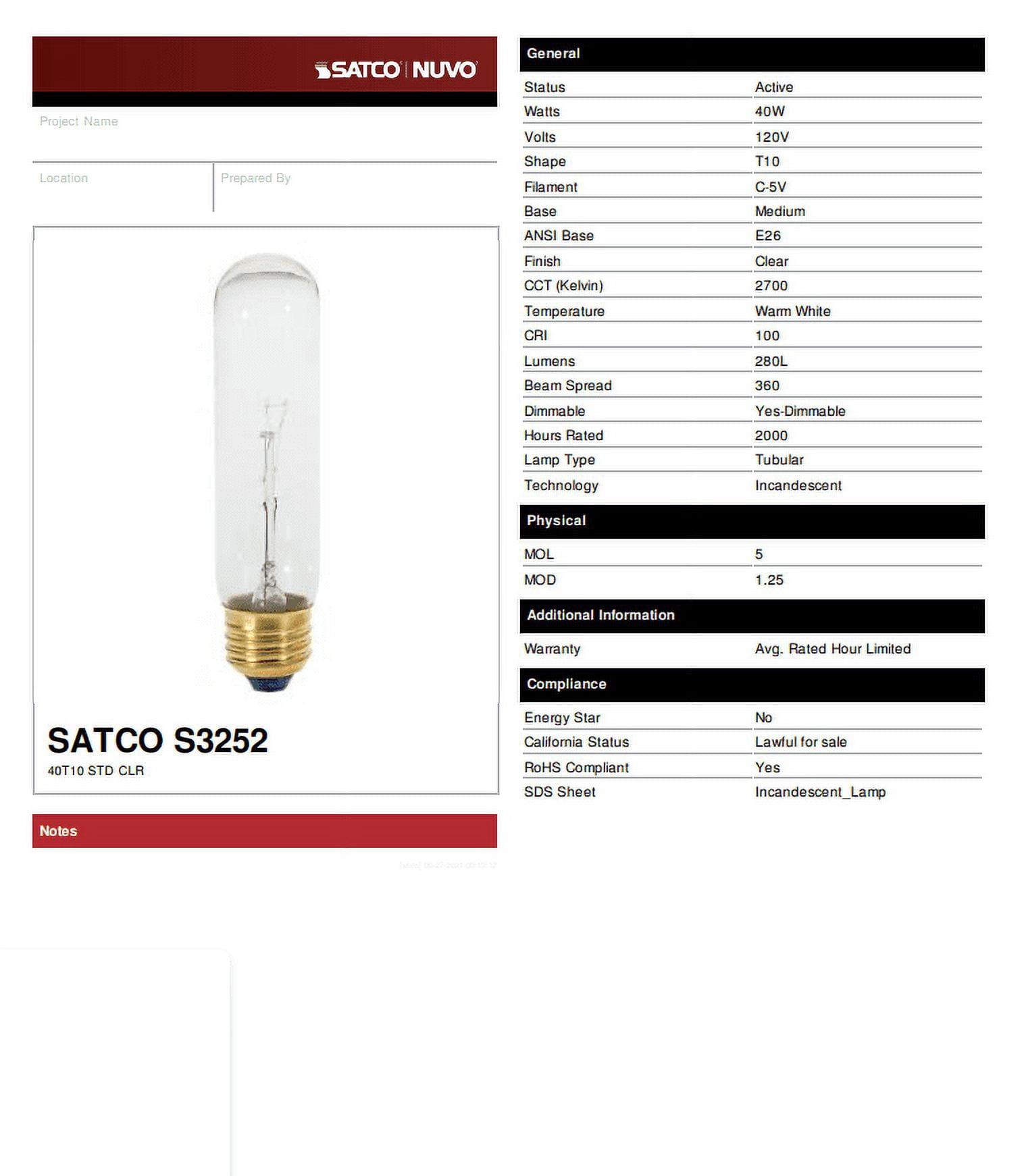 Satco S3252 T10 Incandescent Light Bulbs 40W 120V 2700K E26 Medium Base Dimmable (25 Pack)