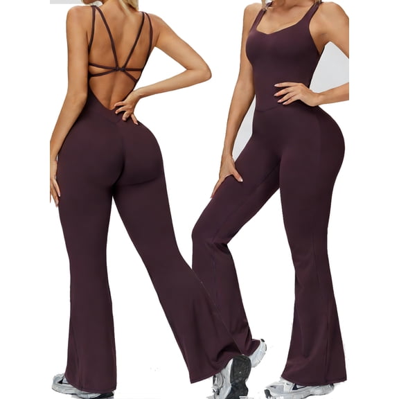 KEFIRLILY Women's Seamless Halter Neck Jumpsuit, High Stretch Butt Lifting Flare Leg Yoga Romper, Deep V Cross Back Athletic One-Piece for Gym Workout Running Casual