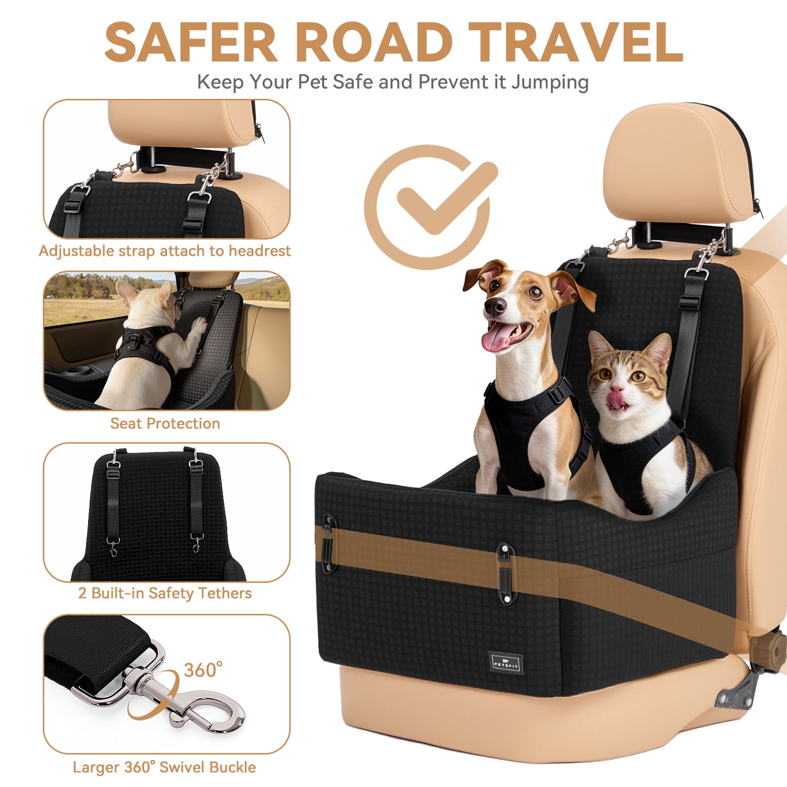 PETSFIT Dog Booster Car Seat for Small/Medium Dogs Up to 35 lbs – Patented Safety System, 6" Memory Foam Pet Car Seat, Fully Detachable and Washable Cover, Front/Back Seat Travel Booster (Black)