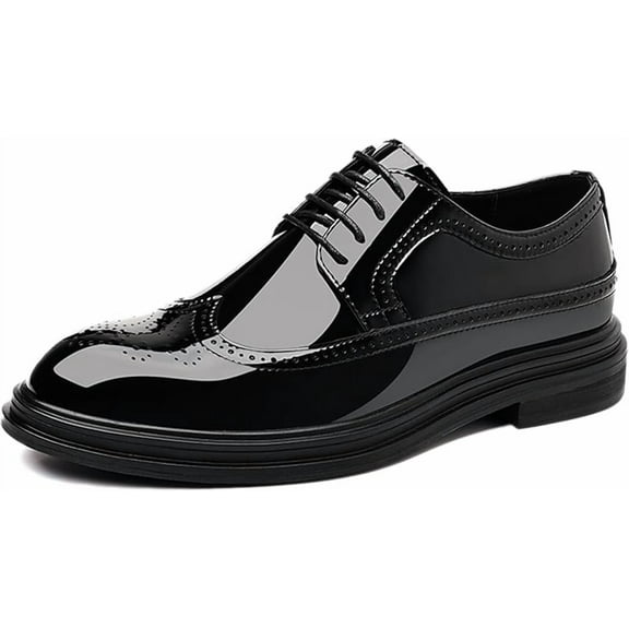 Men's Patent Leather Wingtip Brogue Lace-up Oxford Shoes Classic Pointed Toe Retro Carving Low Chunky Heel Derby Shoes Wedding Business Formal Party Dress Shoes