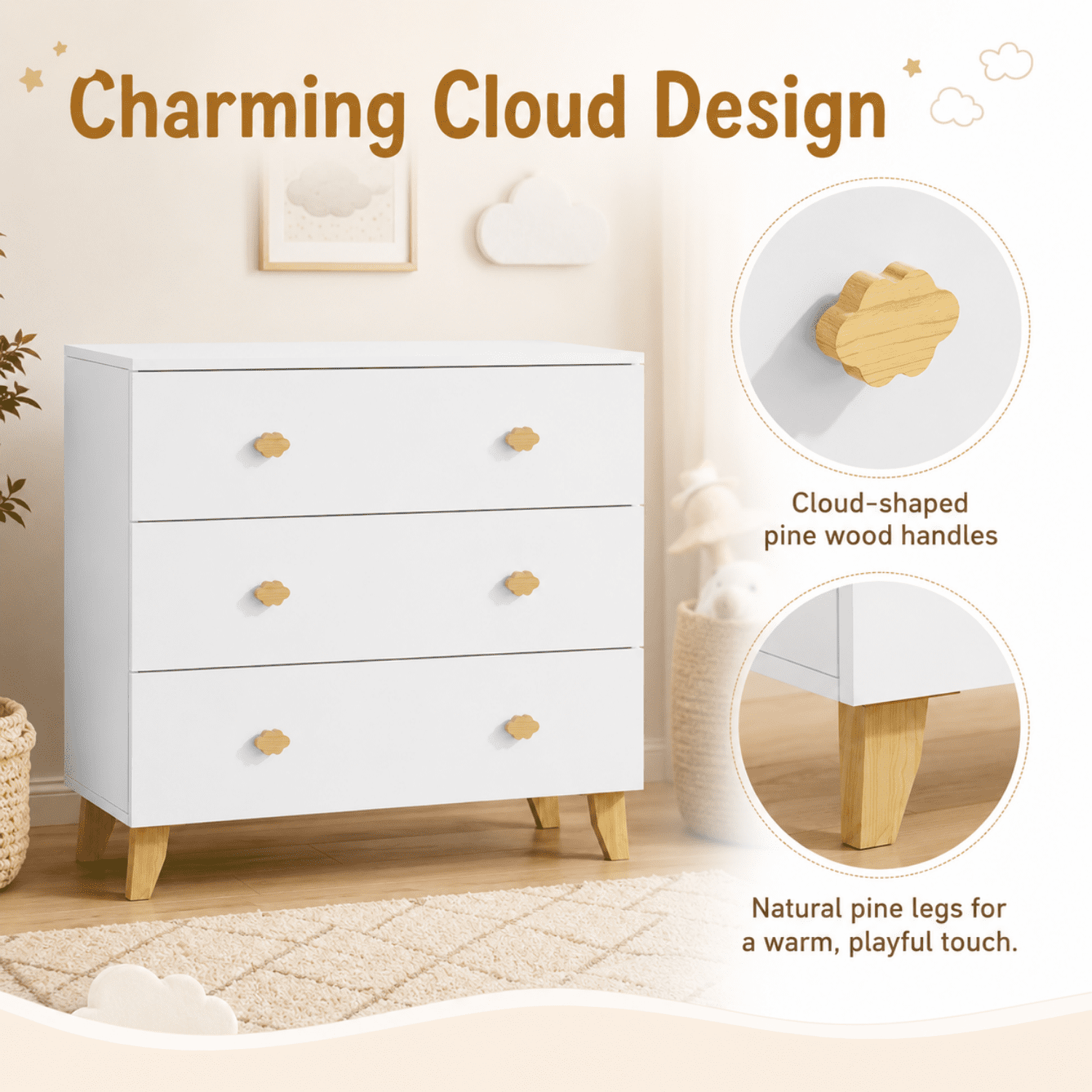 Miniyam 3-Drawer Dresser, Storage Chest with Cloud-Shaped Pine Handles for Bedroom, Nursery and Kids Room, Soft White