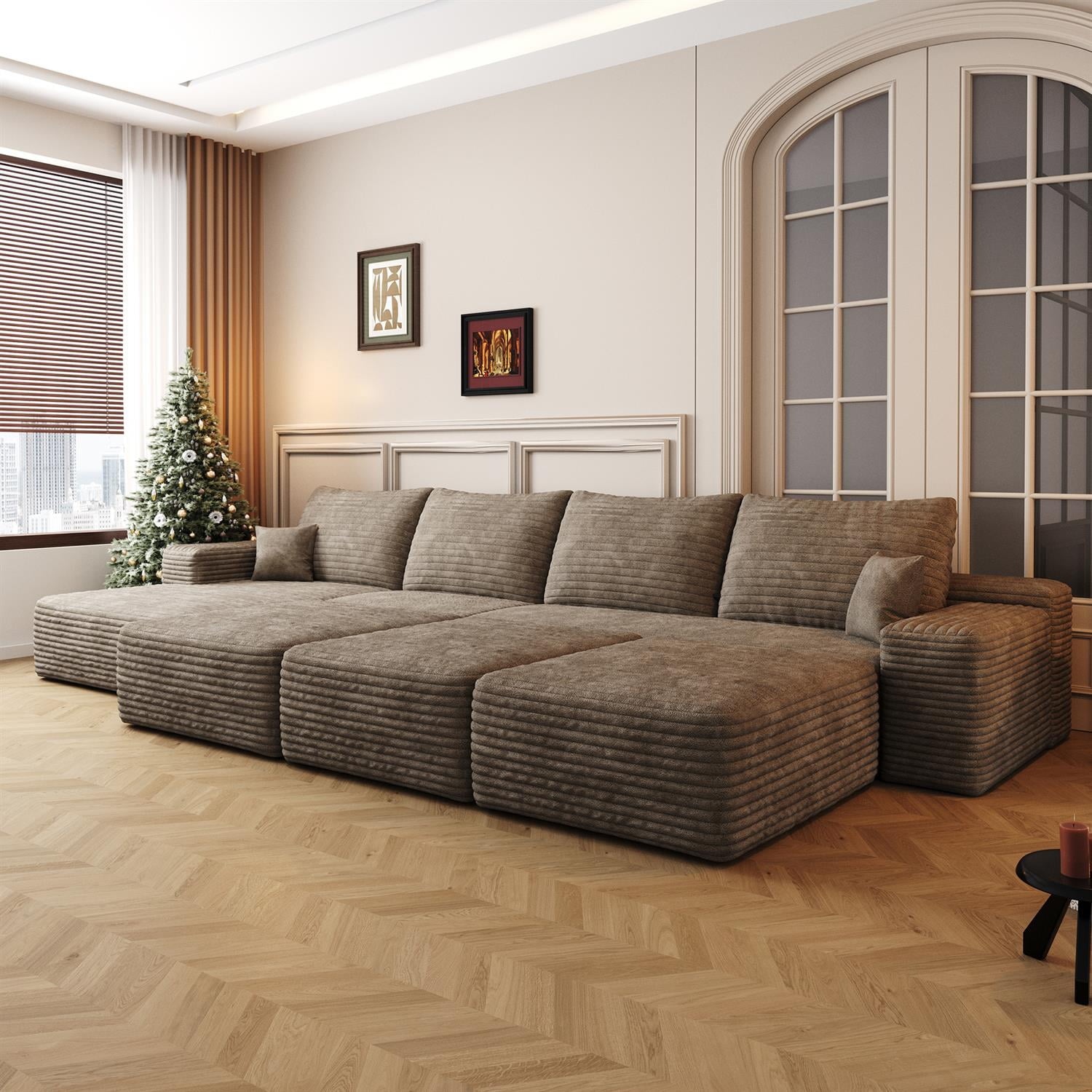 Demi Bonn 135" Spacious Modular Cloud Sofa, Plush Corduroy Fabric, 6 Seats Convertible Sofa Bed for Living Room & Apartment, Down-Filled, No Assembly, Left Chaise Beige