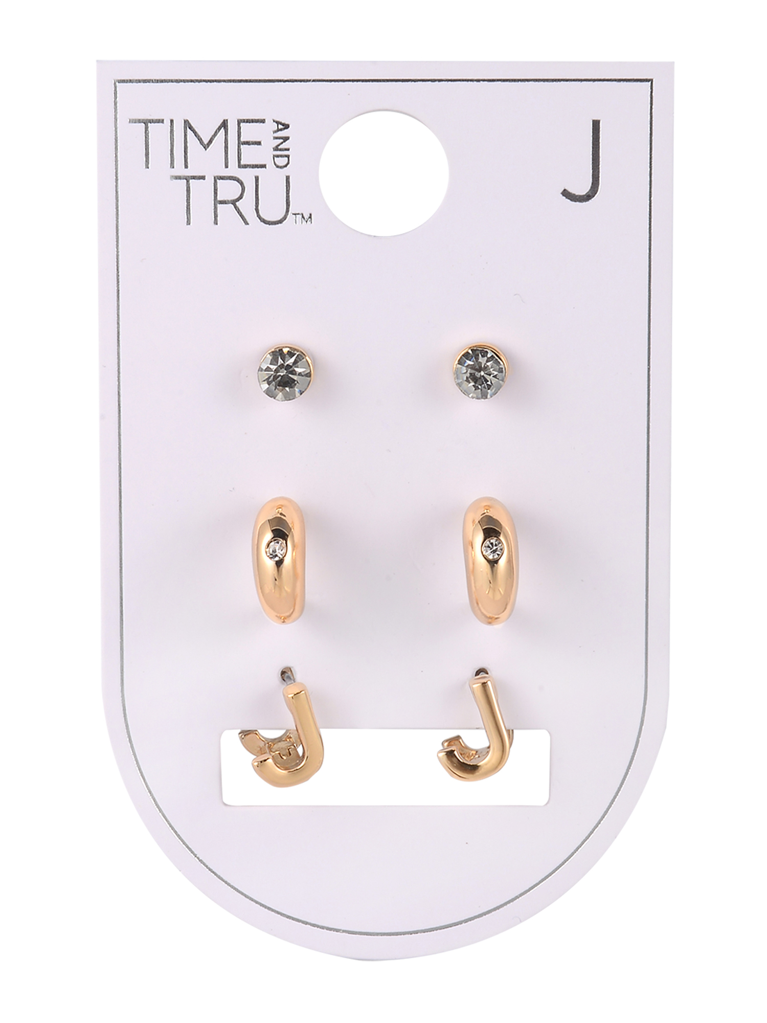 Time and Tru Goldtone 3-On Crystal Stud, Hoop, Initial "J" Earring Set