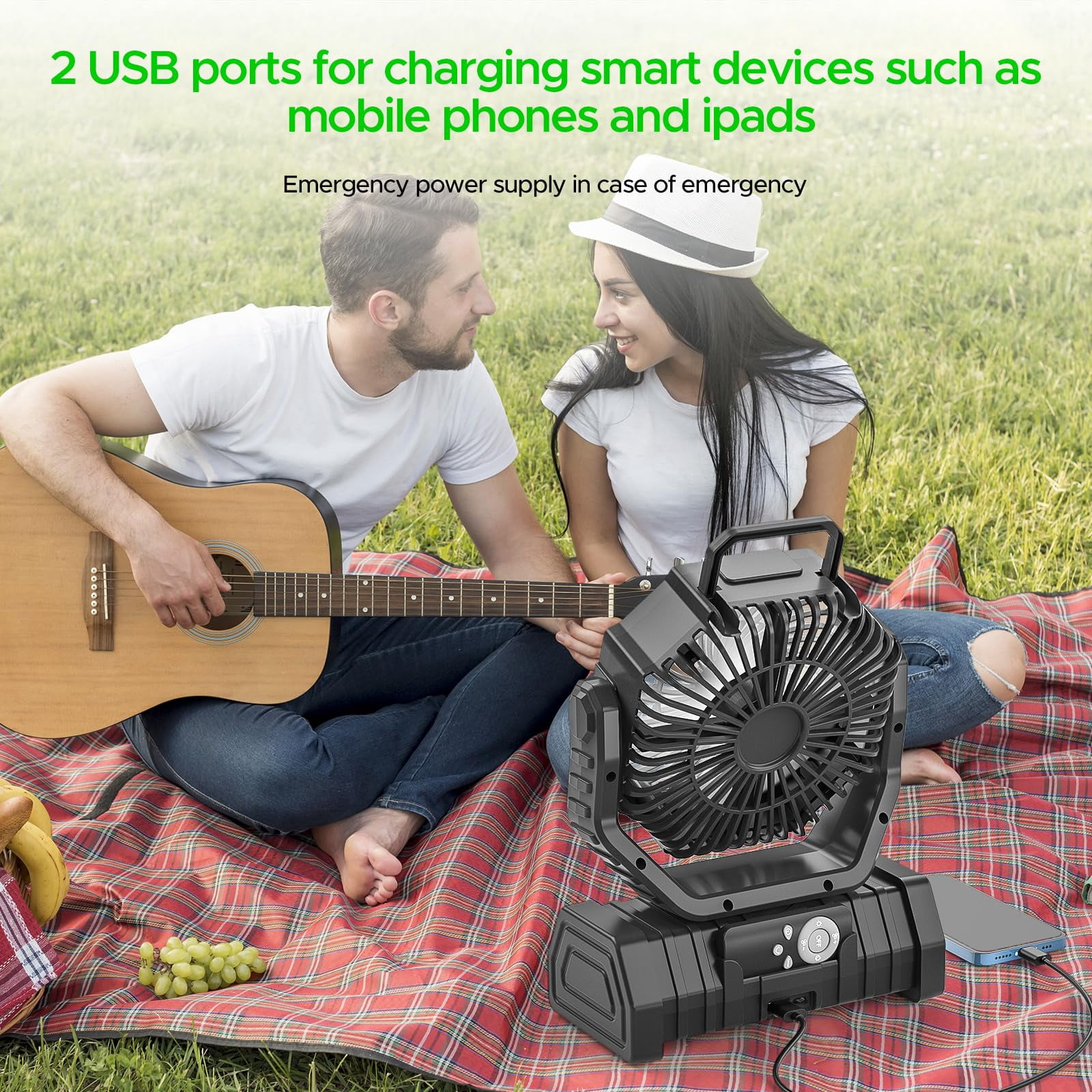 Camping Fan,20000mAh Rechargeable Battery Operated Outdoor Tent Fan with LED Light & Foldable Hook, 4 Speeds with 270° Rotate Pivot for Camping, Barbecue, kitchen, Fishing Construction Sites
