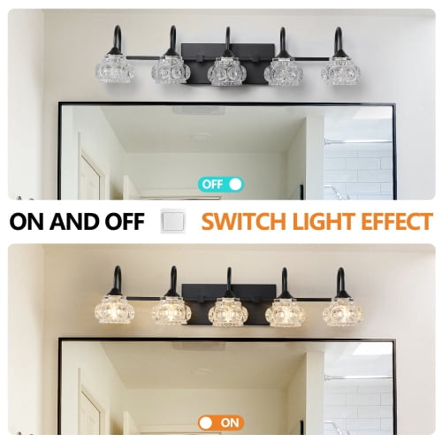 Hi-LIGHTS,Retro 5-Light Bathroom Vanity Light Fixture with Crystal Glass Shades(Bulbs Not Included),Wall Mounted Lighting for Bathroom,Dressing Room,Powder Room and Vanity Mirror(Black）