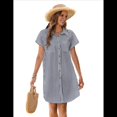 thumbnail image 3 of Vestido Camisero Informal de Verano para Mujer, de Algodón y , con Cuello en V, Botones, Corta y Cintura Holgada, Azul Marino A Rayas, Talla M, 3 of 8