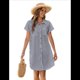 thumbnail image 3 of Vestido Camisero Informal de Verano para Mujer, de Algodón y , con Cuello en V, Botones, Corta y Cintura Holgada, Azul Marino A Rayas, Talla M, 3 of 8