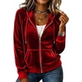 thumbnail image 2 of Karymi Zip‑Up Velvet Hooded Jackets for Women, Drawstring Hood Long Sleeve Casual Outerwear with Kangaroo Pocket, 2 of 7