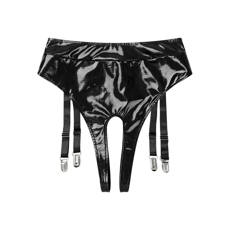 iEFiEL Womens Latex Underwear with Garter Clips Exotic Lingerie High Waist  Open Crotch Thong Panties Rave Dance Clubwear Black 4XL