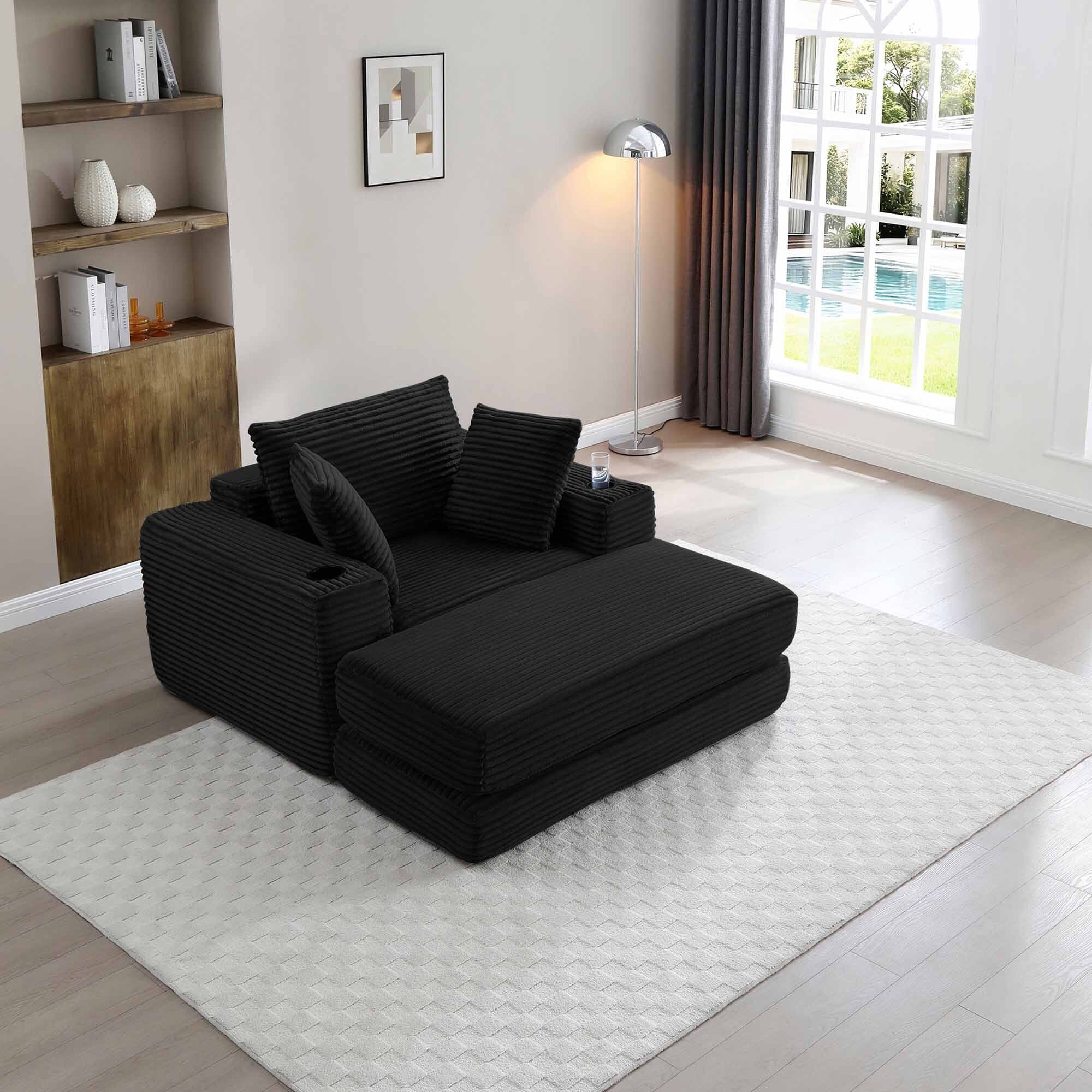 Lunale Boneless Chaise Lounge Chair with Ottoman, 52" Oversized 3-in-1 Convertible Sofa Chair for Living Room, Black Corduroy