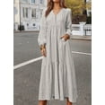 thumbnail image 5 of Women'S Boho Cotton Maxi Dress V-Neck Long Sleeve Flowy Beach Dress with Pockets and Buttons Light Grey M, 5 of 9