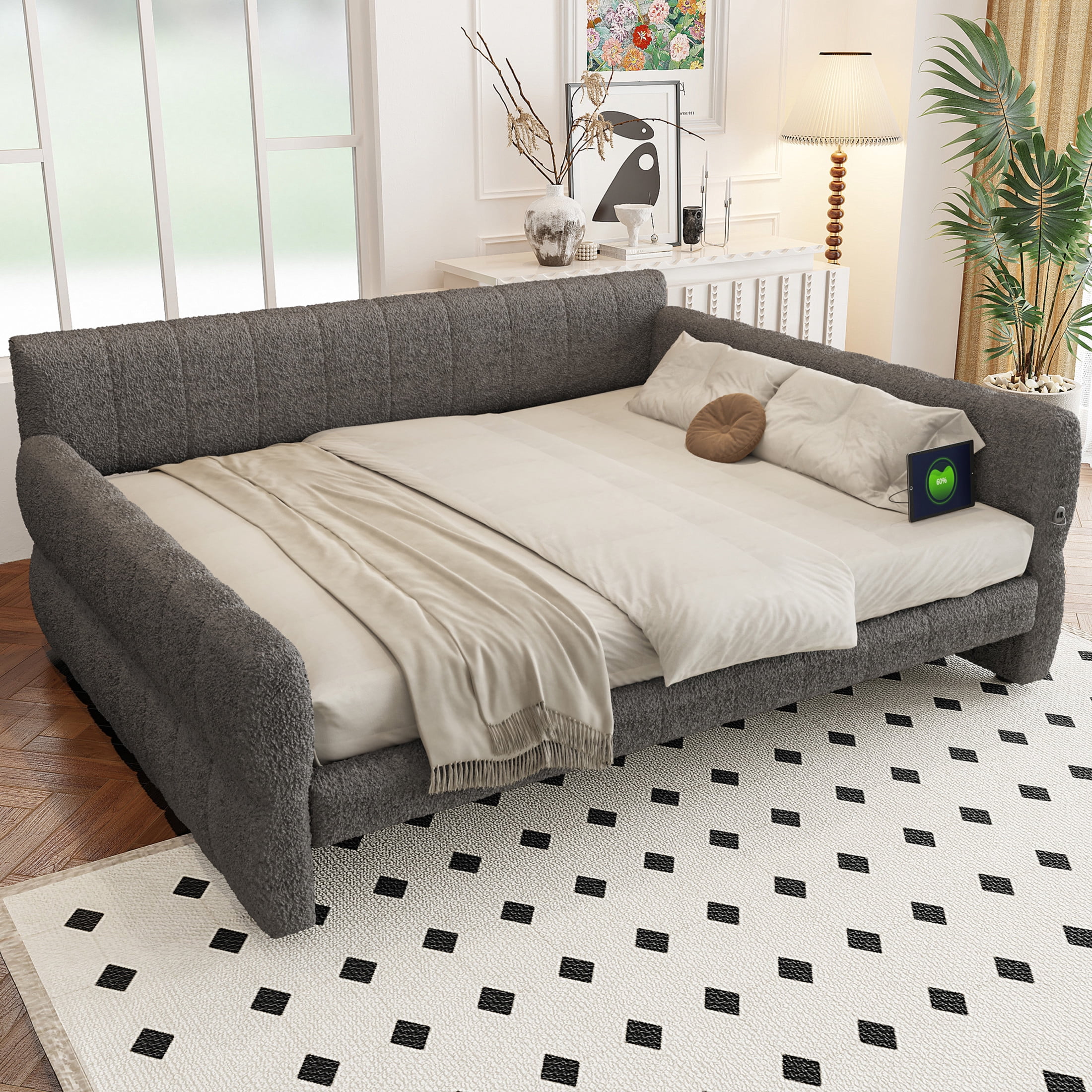 Noble House King Size Lambswool Upholstered Platform Bed, Pine Wood Bed Frame with USB Charging Port, Gray