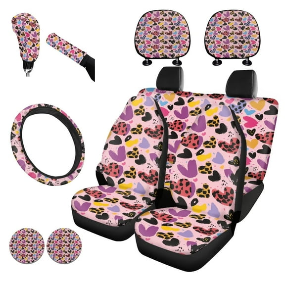 Garronmavis Loving Heart Pink Car Seat Covers Front Back Seats Set of 11, Steering Wheel Cover Gear Shift Cover Handbrake Cover Headrest Cover Cup Coasters Universal Car Interior Accessories