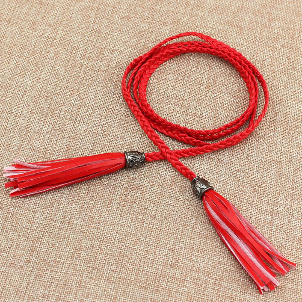 Savlot Boho Women Simple PU Leather Tassel Braided SelfTie Belt Thin