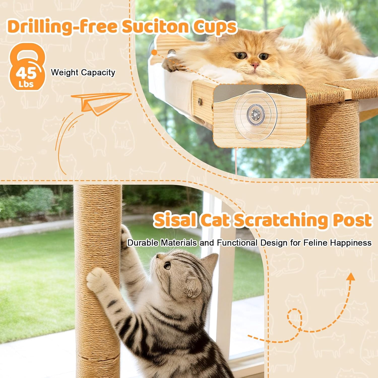 Cat Window Perch Hammock with 3-Piece Detachable Sisal Scratching Posts, Gray Fluffy Cusion, Drill-Free Suction Cup Mount, Multi-Level Climbing Perch for Bird Watching, 45 LBS Capacity