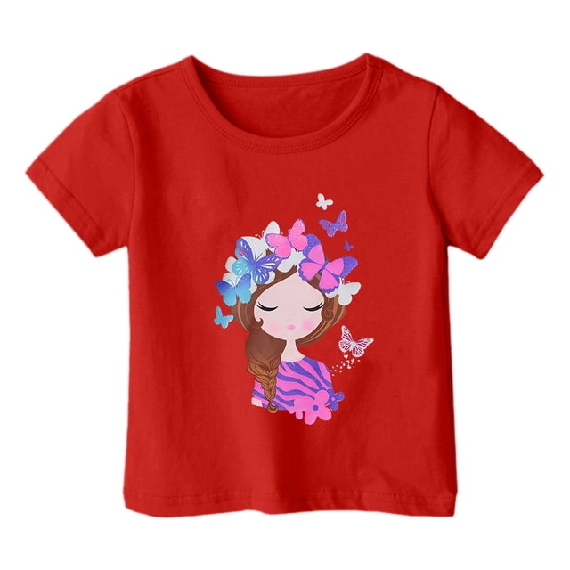 PMVFHDE Hauts d'Été pour Filles Hauts Décontractés Tendance T-Shirt Manches Courtes Imprimé Col Rond Ample Rouge, 1-2 Ans