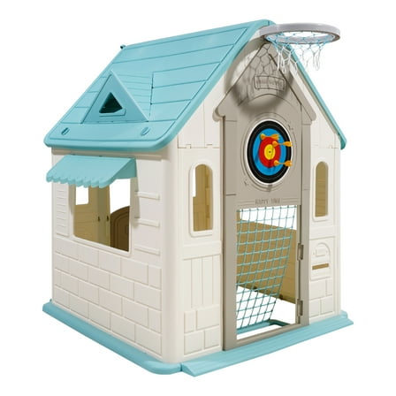 KFFKFF Outdoor Playhouse for Kids, 5-in-1 Activity Cottage with Pretend Play Features, Basketball, Darts, and Easy-Access Door, Designed for Ages 2 , Durable Polypropylene Build with Smooth Edges
