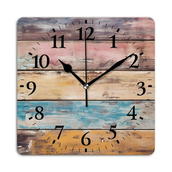 Square Wall Clock,Colorful Wooden BackgSquare With Distressed Wood Planks,Silent Non-Ticking Wall Clock Decor for Home Office Kitchen Living Room Bedroom(10inch)