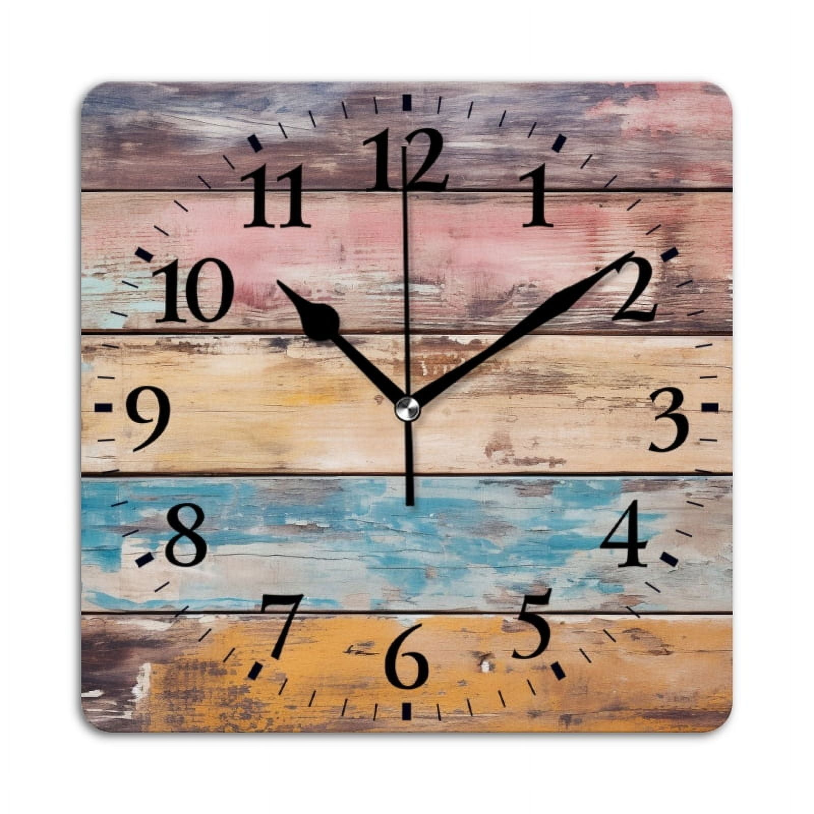 Square Wall Clock,Colorful Wooden BackgSquare With Distressed Wood Planks,Silent Non-Ticking Wall Clock Decor for Home Office Kitchen Living Room Bedroom(10inch)
