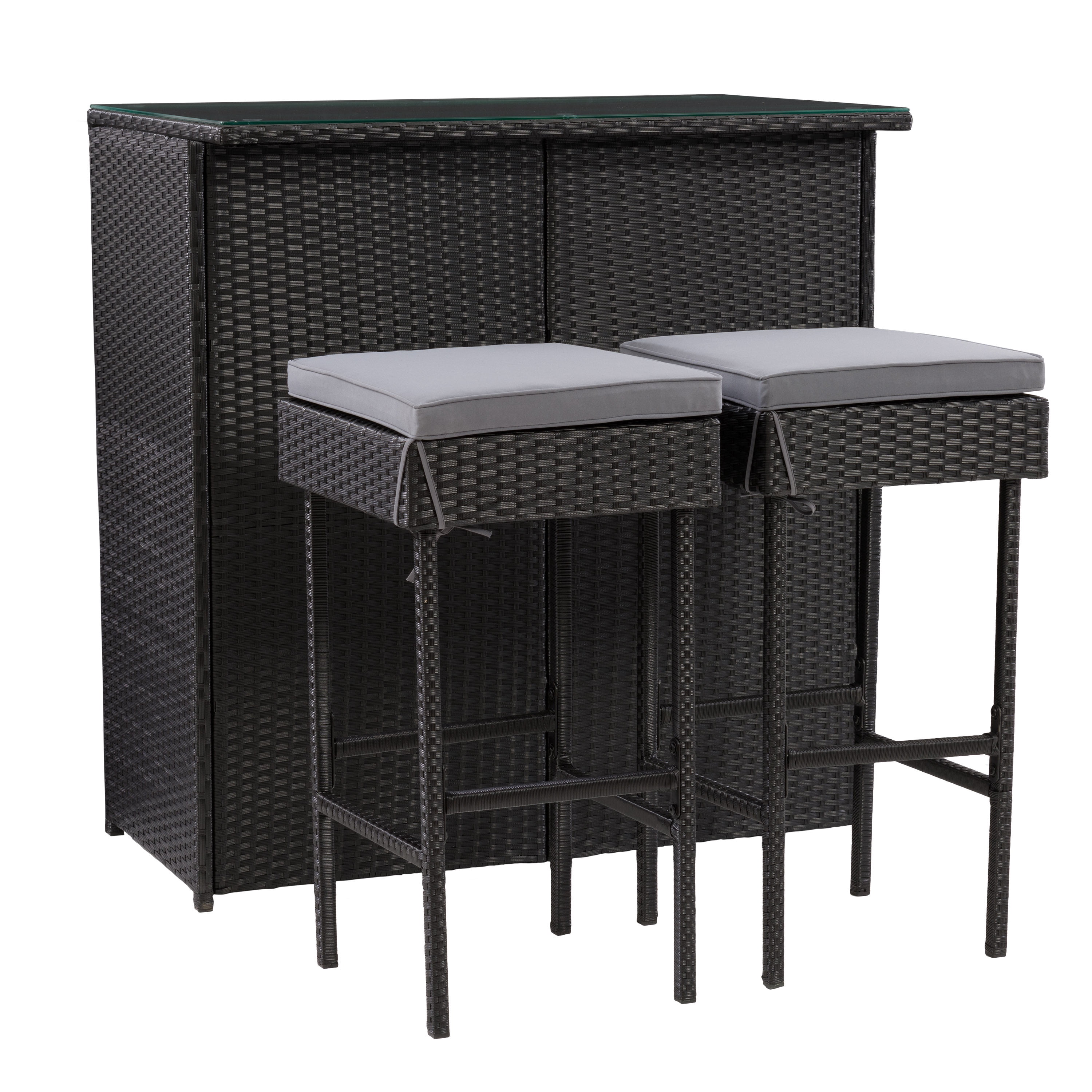 CorLiving Parksville 3-Piece Stylish and Durable Resin Wicker and Steel Patio Bar Set with Barstools with Cushions, Black/Grey