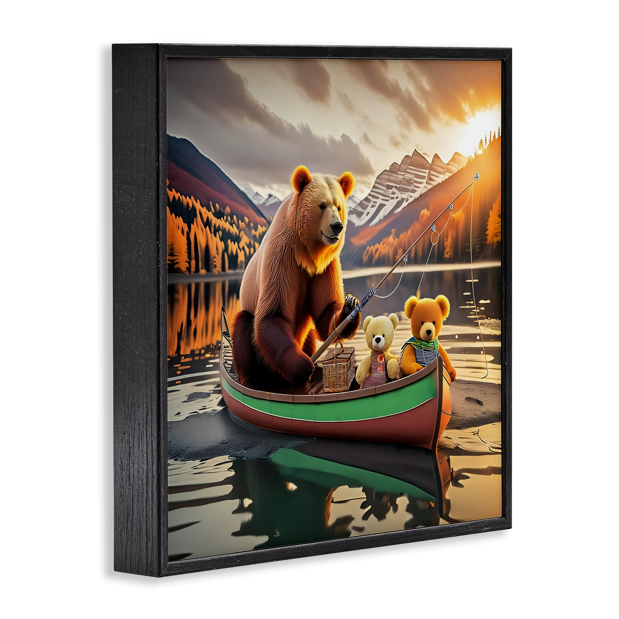 Stupell Industries Bear & Friends on Boat Animals Painting Black Framed Art Print Wall Art, 12 x 12