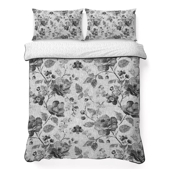 Quilts Twin XL Size Bedding Set, Vintage Floral Lightweight Quilted Comforter, Spring Botanical Flowers Leaves Botanical Gray Soft Bedspread Coverlet with Pillow Covers for All Season, 68" x 98"