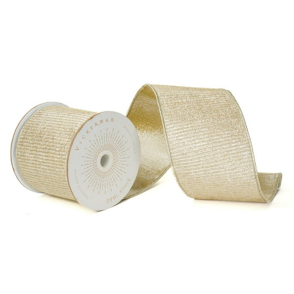 Vickerman QK240115 4 in. x 10 Yards Champagne Metallic Pleated Strip Wired Ribbon