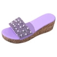 thumbnail image 6 of Rokment Women's Sparkly Sequin Pearl Platform Wedge Dressy Slip On Sandals Bridal Bling Elegant Platform Chunky Heeled Dress Slides for Bride Wedding Summer Purple Size 7, 6 of 7