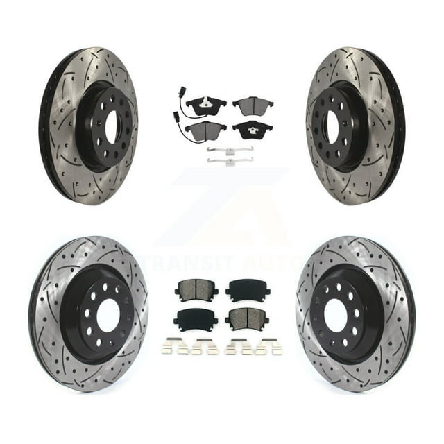 Transit Auto Front Rear Coated Drilled Slotted Disc Brake Rotors and Semi-Metallic Pads Kit for Car Volkswagen CC R32 KDS-100895