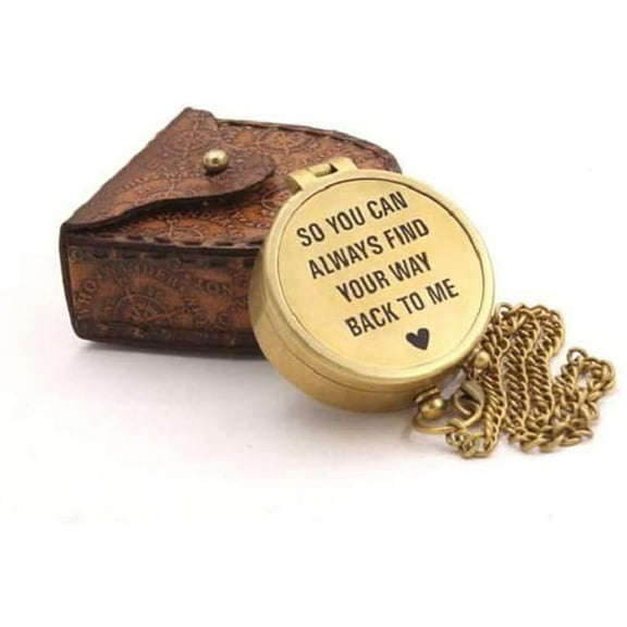 Roorkee instruments India Brass Pocket Compass Engraved Quote with leather Case