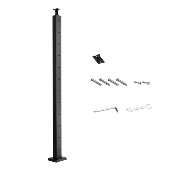 1 Pack 42" x 2" x 2" Straight Level Stainless Steel Cable Railing Post, Pre-Drilled Deck Stair Baluster with Mount Brackets, Black Finish