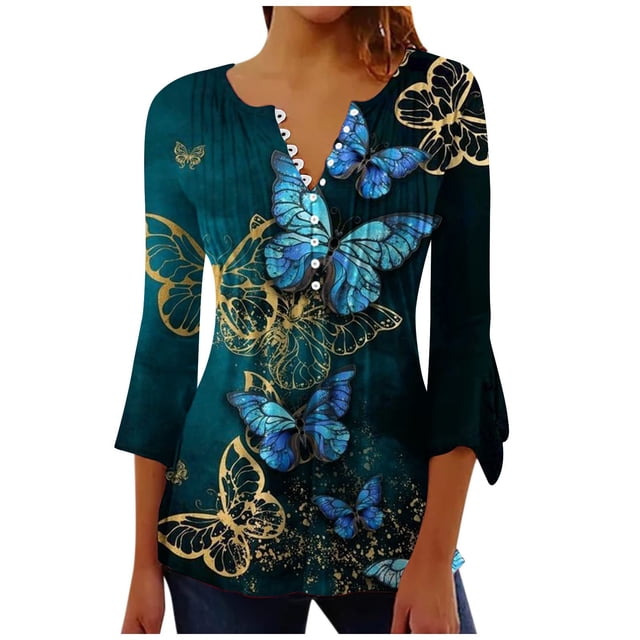 Pompotops Women's Casual Trumpet 3/4 Sleeve Printed Buttoned Basic Ruched Tops Pleated T-shirts Blouses Clearance