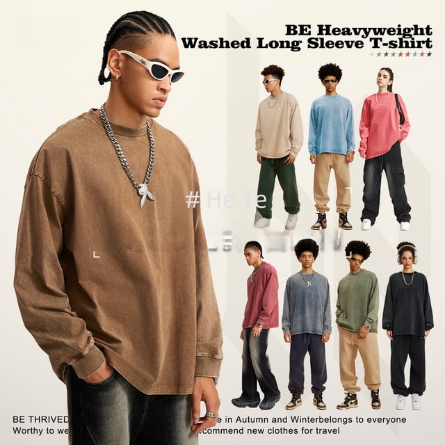 Camiseta de manga larga 270 de algodón puro para hombre, marca de moda, ropa lavada retro, camiseta para adolescentes