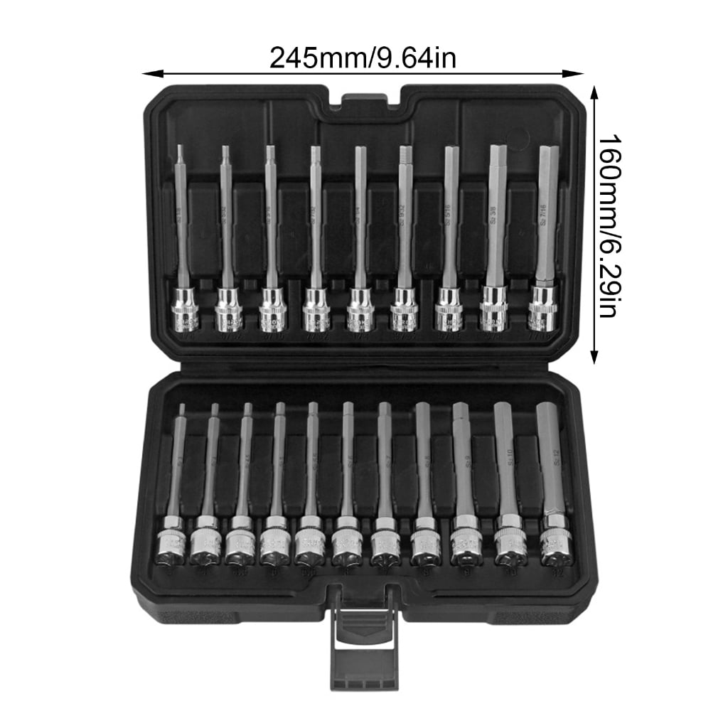 20PC 3/8" Drive Extended Long Allen Hex Bit Sockets Set Metric 3mm 12mm British 1/8" 7/16" Storage Case Included