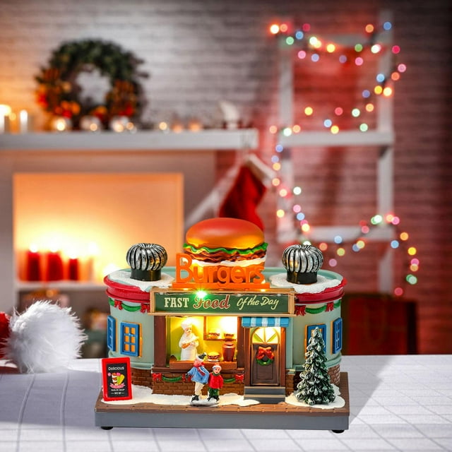 Estatua de casa de pueblo navideña, adorno navideño con iluminación LED, accesorio artesanal, regalo navideño giratorio superior para centro de mesa. Forma de hamburguesa