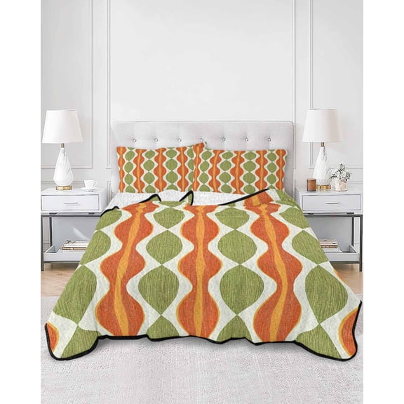 Quilts Twin Size, Orange Green Geometric Soft Comforter Bedding Set for Bed, Abstract Moire Modern Vintage Lightweight Quilted Bedspread with Pillow Cover(2 Pieces) for All Season, 68x86 Inch