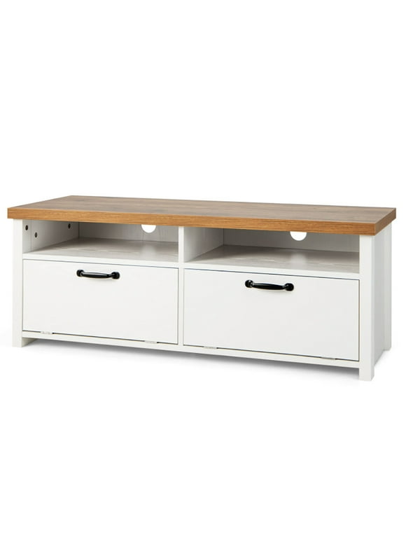 Kadyn Modern TV Stand with 2 Cabinets for TVs up to 48 Inch, Wood TV Table Media Console for Bedroom, Living Room, White