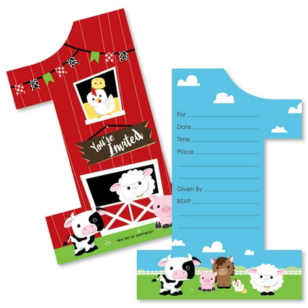 Farm Birthday Party Invitation 1st Birthday Farm Animals - Shaped Fill-in Invitations - Barnyard First Birthday Party Invitation Cards with Envelopes ()