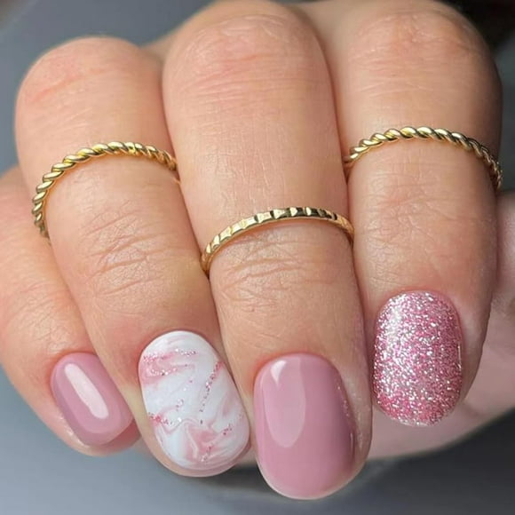 Pink Glitter Press on Nails Short Fake Nails With Marble Design Press On Oval Acrylic False Nails for Women Stick on Nails Tip With Glue